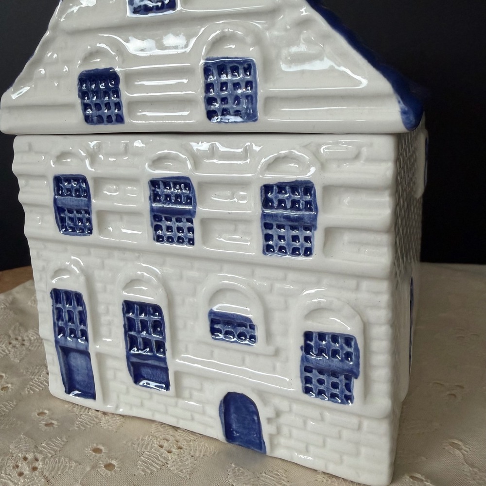 Delft Holland ING Bank Ceramic Canal House Lidded Canister Blue White Vintage - Picture 2 of 7